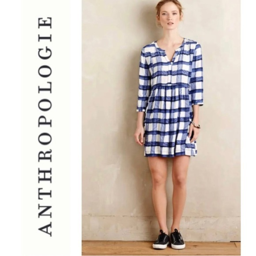 Maeve Anthropologie Devery Blue Plaid Shirtdress Size XS